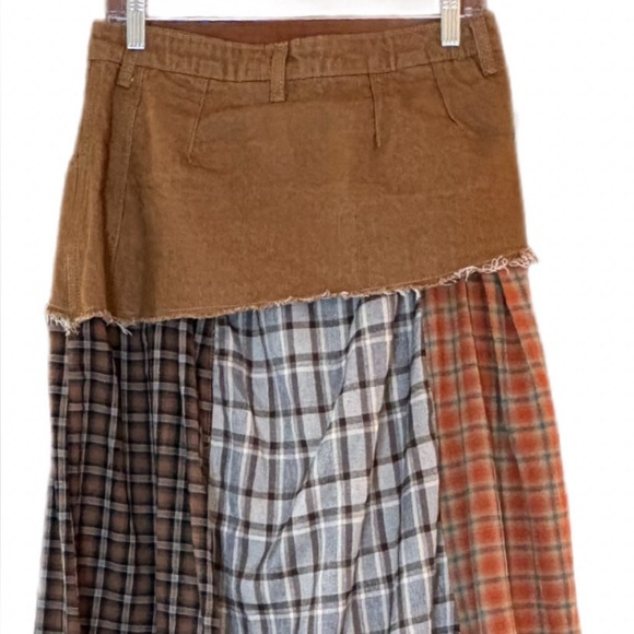 MICAS Western Patchwork Plaid Hi-Lo Skirt Raw Hem Boho Prairie Size L - Picture 4 of 10